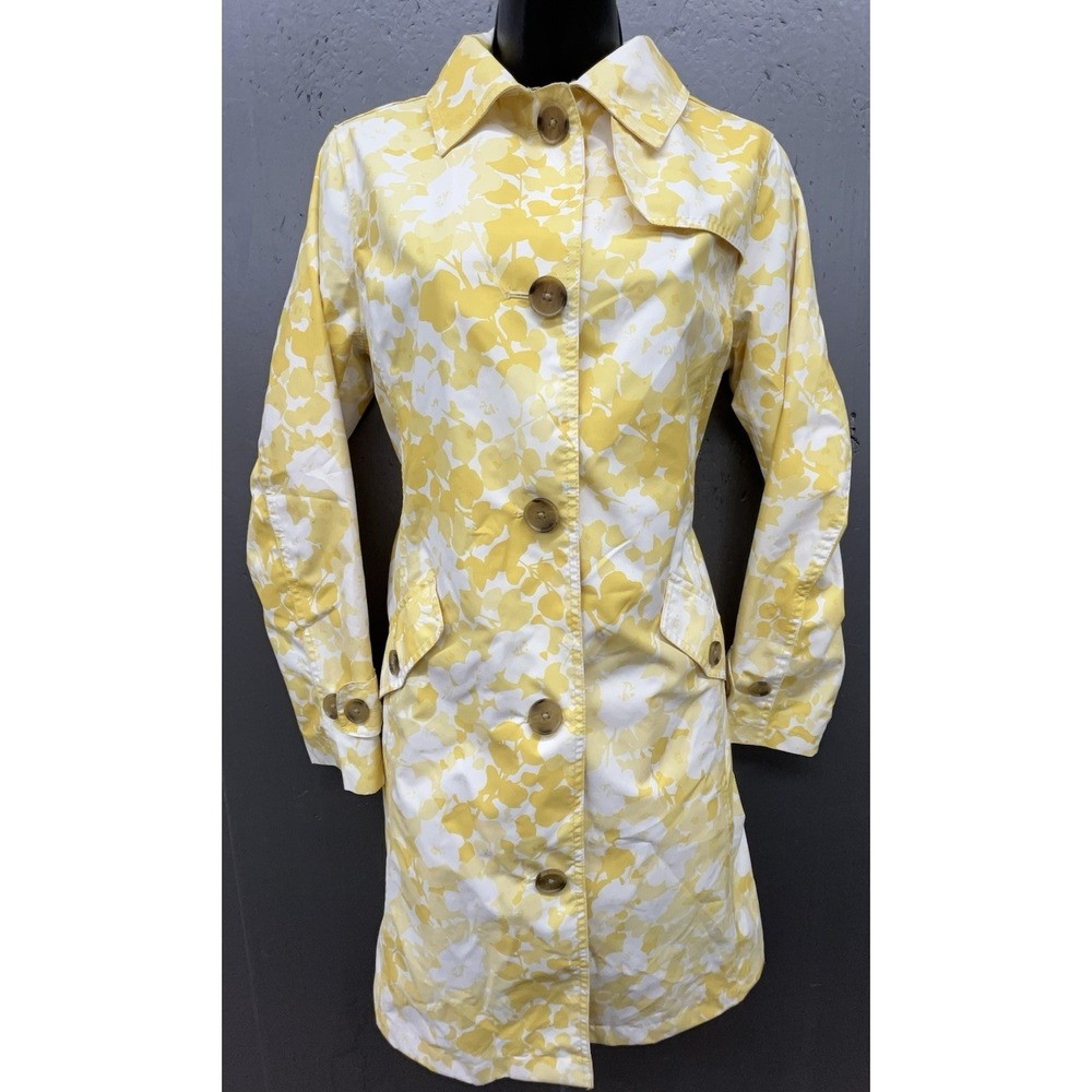 Lands End Raincoat Women XS Butter Yellow Floral Pockets Trench Preppy Cottage